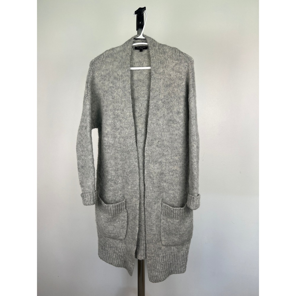 Selected Femme Grey SLFREGINA Alpaca Wool Blend Open Front Long Cardigan Small